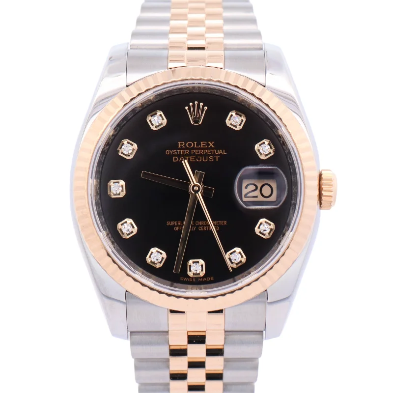 Rolex Datejust Two Tone Yellow Gold & Steel 36mm Black Diamond Dial Watch Reference#: 116233