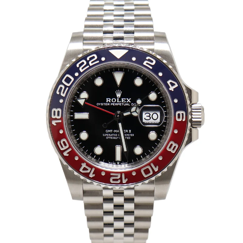 Rolex GMT Master II "Pepsi" 40mm Stainless Steel Black Dot Dial Watch Reference#: 126710BLRO