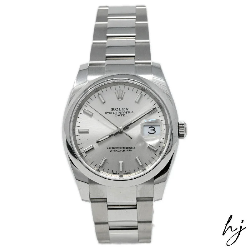 Rolex Oyster Perpetual Date Stainless Steel 36mm Silver Stick Dial Watch Reference#: 115200