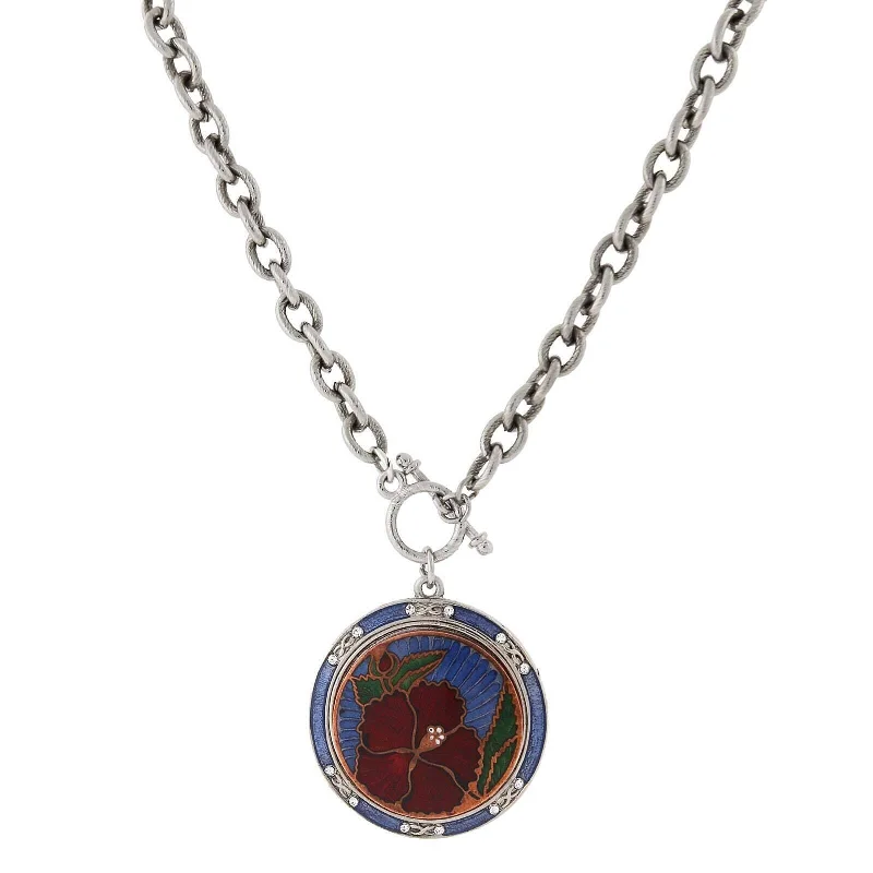 1928 Jewelry Blue And Red Floral Enamel Medallion Toggle Pendant Necklace 20"