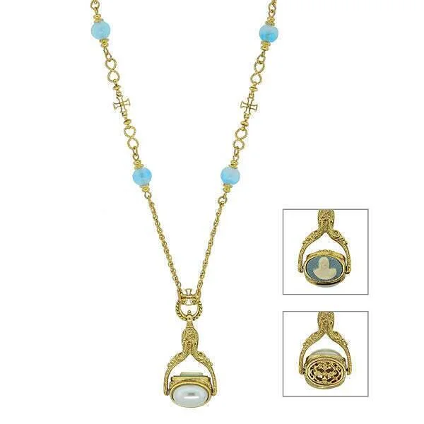 Symbols Of Faith Triple Spinner Faux Pearl Mary Cameo Blue Bead Pendant Necklace 30"