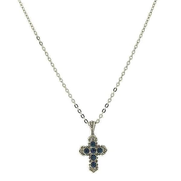 Symbols Of Faith Blue Crystal Cross Pendant Necklace 16" + 3" Extender