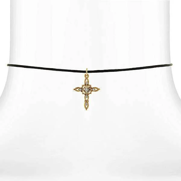 Symbols of Faith Crystal Filigree Cross Pendant Satin Cord Choker Necklace 14" + 5" Extender