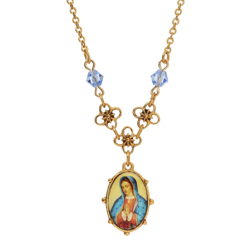 Symbols Of Faith Light Blue Small Oval Mary Pendant Necklace 16" + 3" Extender