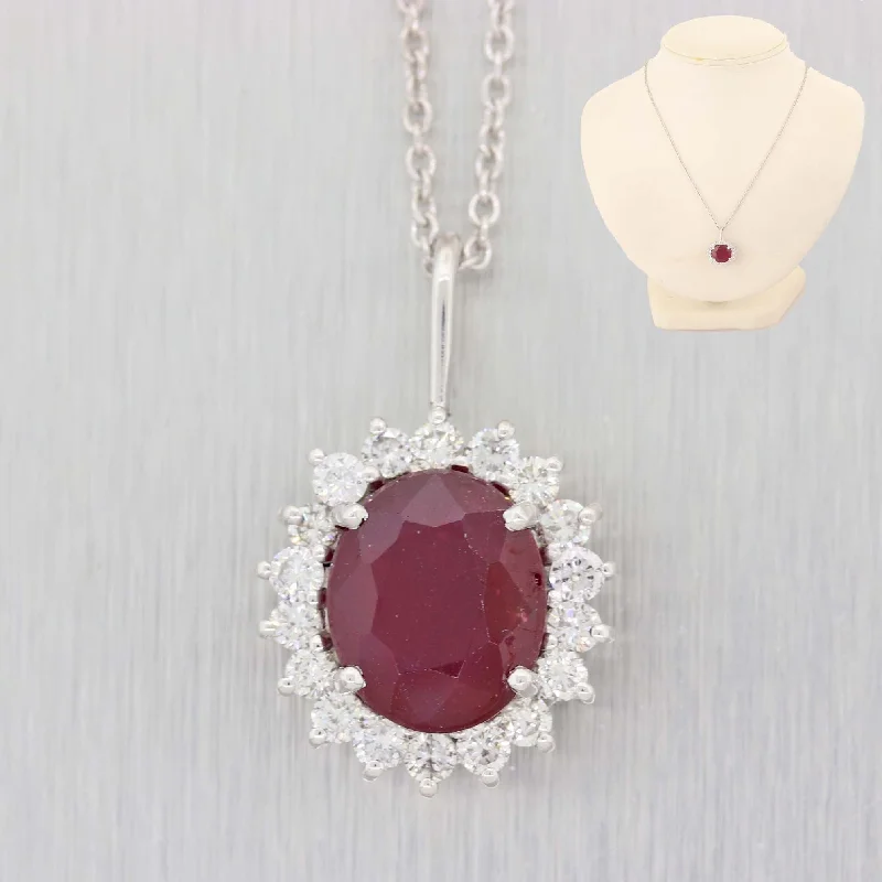 14k Platinum Glass Filled Ruby 1.00ctw Diamond Halo Pendant Chain Necklace A9