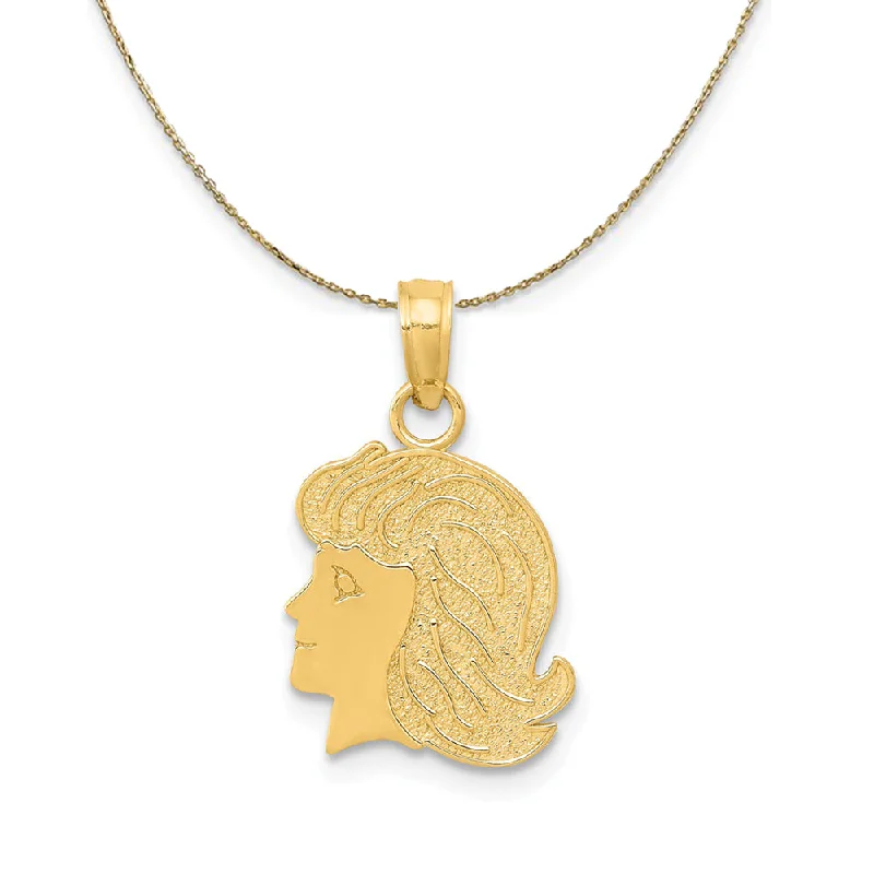 14k Yellow Gold Flat Profile Girl Head Necklace