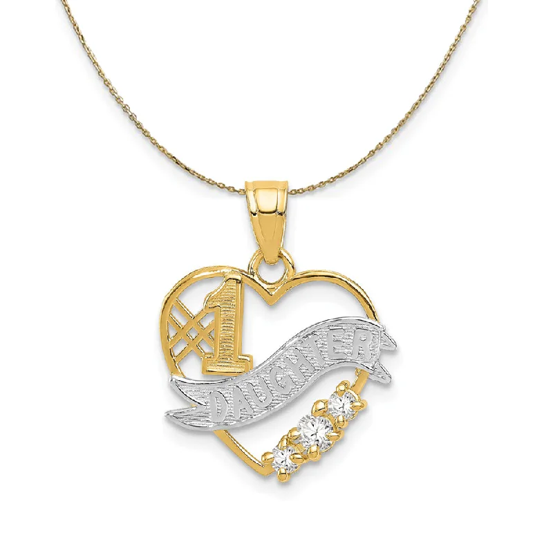 14k Yellow Gold, Rhodium & CZ #1 Daughter Heart Necklace