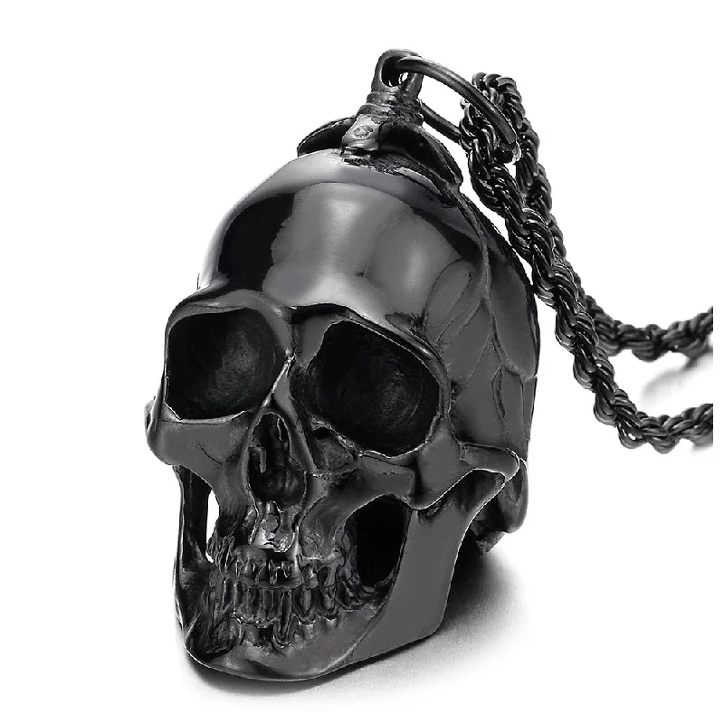 Large Stainless Steel Skull Pendant Necklace for Men High Polished with 30 Inches Wheat Chain