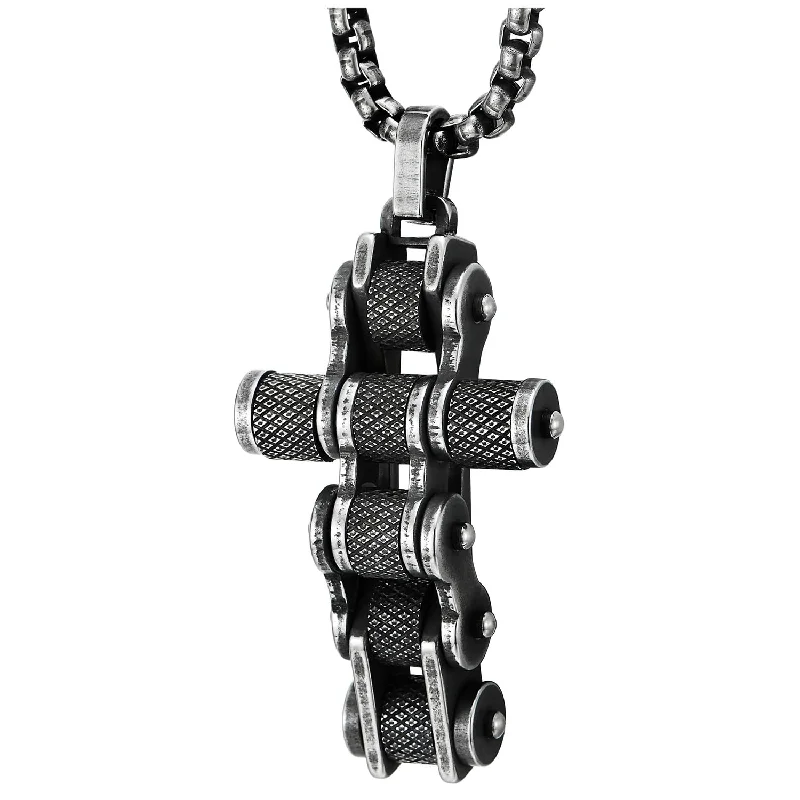 COOLSTEELANDBEYOND Men Bike Chain Cross Pendant Necklace, Stainless Steel Vintage Oxidized Blackened Textured, Biker Punk