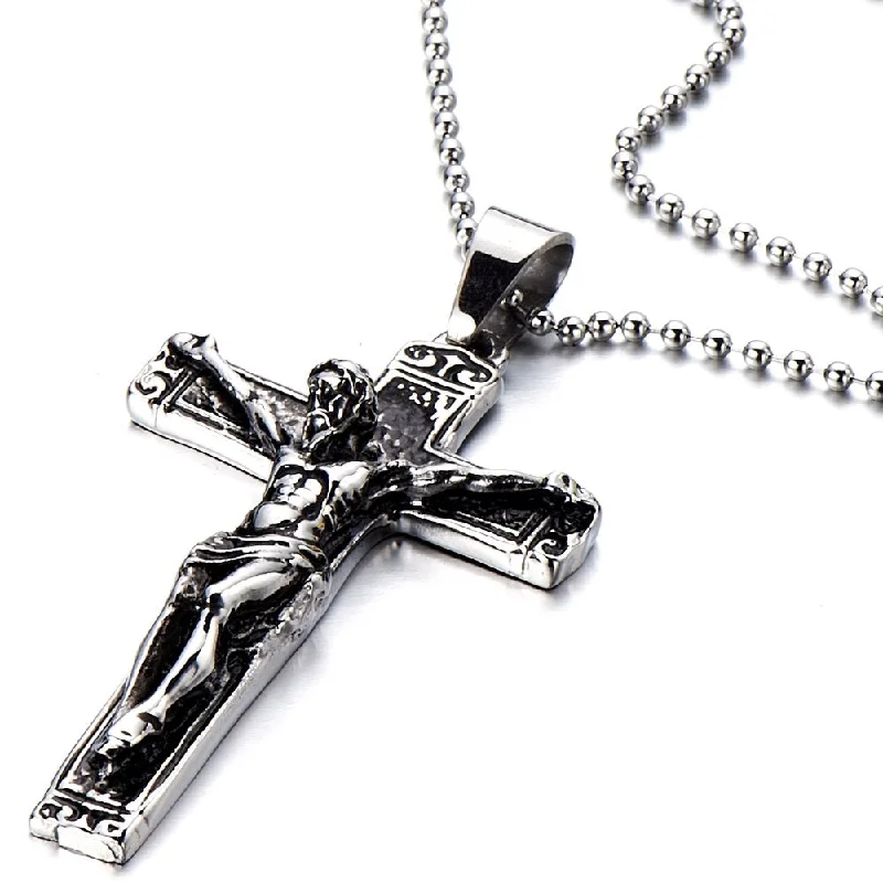 Gothic Crucifix Cross Pendant Necklace for Men and Women, Stainless Steel Design with 30-Inch Steel Ball Chain for a Bold, Timeless Look