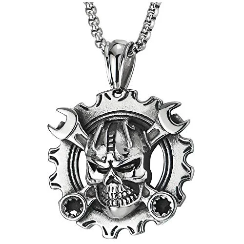 COOLSTEELANDBEYOND Mens Steel Vintage Mechanic Wrench Gear Wheel Skull Pendant Necklace 30 in Wheat Chain Biker Gothic