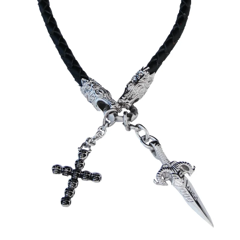 DEADLY DRAGON Mens Multi-Pendant Dagger and Cross Leather Necklace