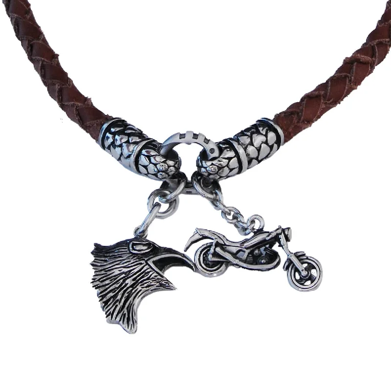 EASY RIDER Mens Multi-Pendant Eagle and Motorcycle Leather Necklace