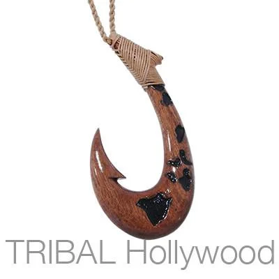 Hawaiian FISHHOOK KOA WOOD Rope Necklace - Large Hawaiian Islands