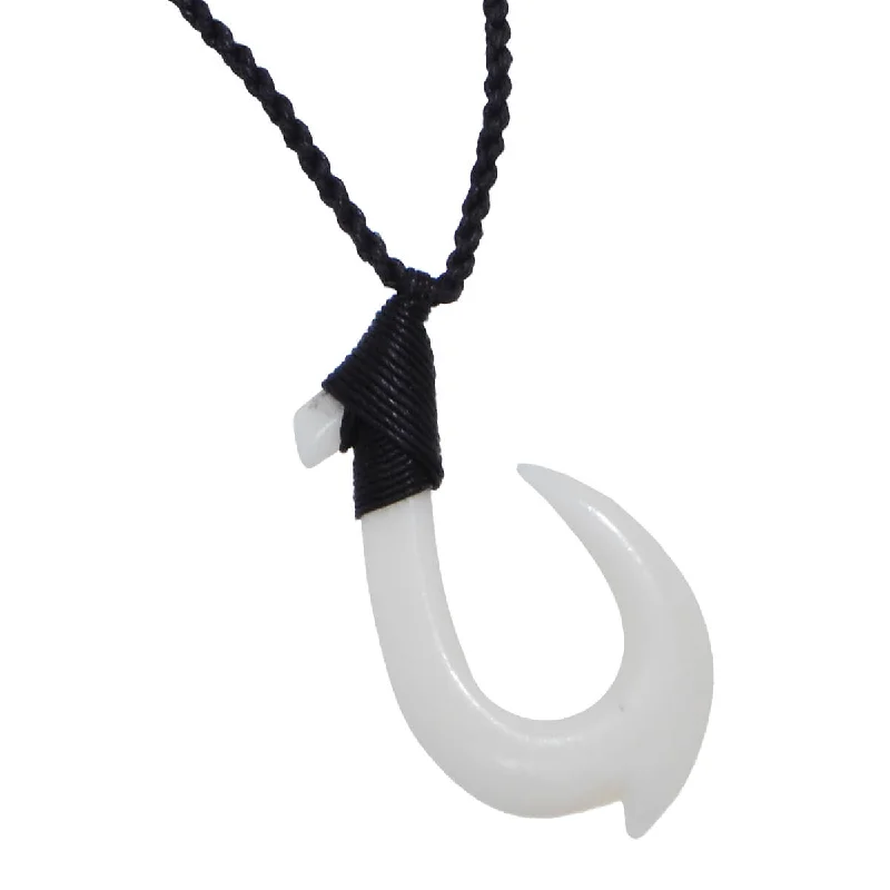 Hei Matau FISHHOOK BONE Rope Necklace - Smooth Long Hook