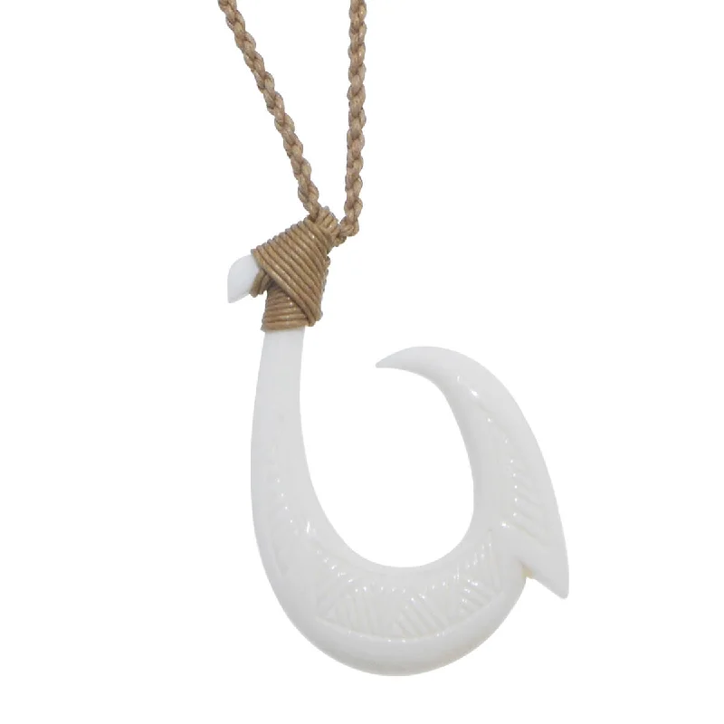 Hei Matau FISHHOOK BONE Rope Necklace - Textured Single Barb