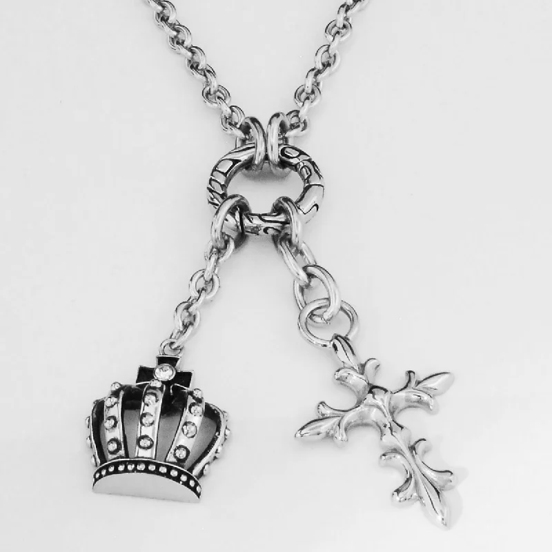 KINGS CROSS Mens Multi-Pendant Crown and Cross Chain Necklace