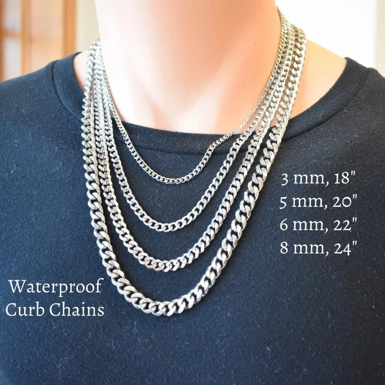 Men's Silver Stainless Steel Curb Chain Necklace. Waterproof. Gift for Teen Boy