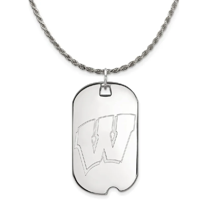 Sterling Silver U of Wisconsin Large Initial W Dog Tag Necklace