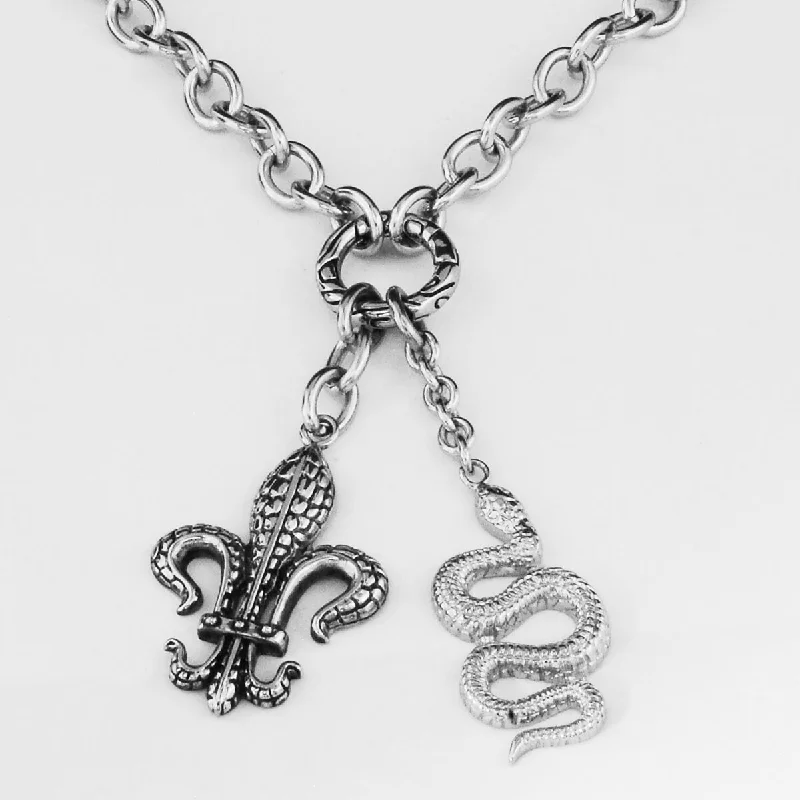 THE ASP Mens Multi-Pendant Fleur De Lys and Snake Chain Necklace