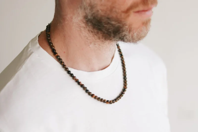 Tiger Eye necklace for men, Beaded necklace, men's necklace with brown beads, 6mm beads, good luck, adjustable, gift for him, mens jewelry