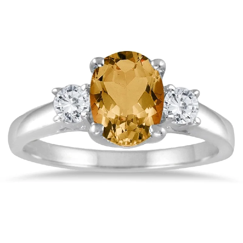 1 3/4 Carat Citrine and Diamond Three Stone Ring 14K White Gold