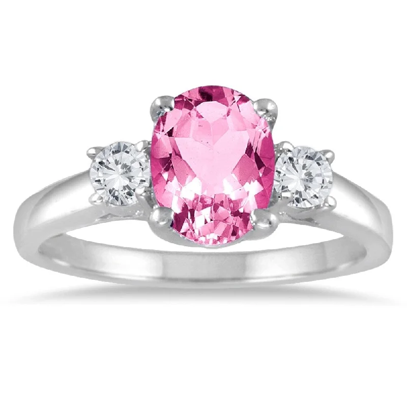 1 3/4 Carat Pink Topaz and Diamond Three Stone Ring 14K White Gold