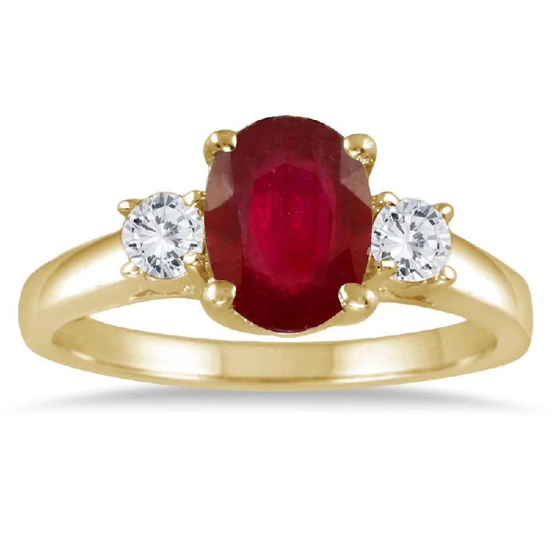 1.35 Carat Ruby and Diamond Three Stone Ring in 14K Yellow Gold