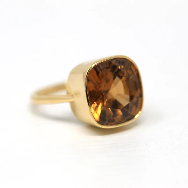 10.07 ct Gold Zircon Ring - 18k Yellow Gold Bezel Set Orange Brown Gemstone - Modern Size 6 Cushion Statement Fine Cocktail Jewelry