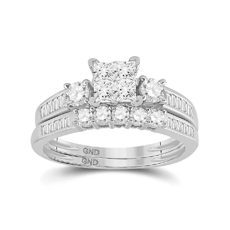 10kt White Gold Womens Princess Diamond Bridal Wedding Ring Band Set 1.00 Cttw