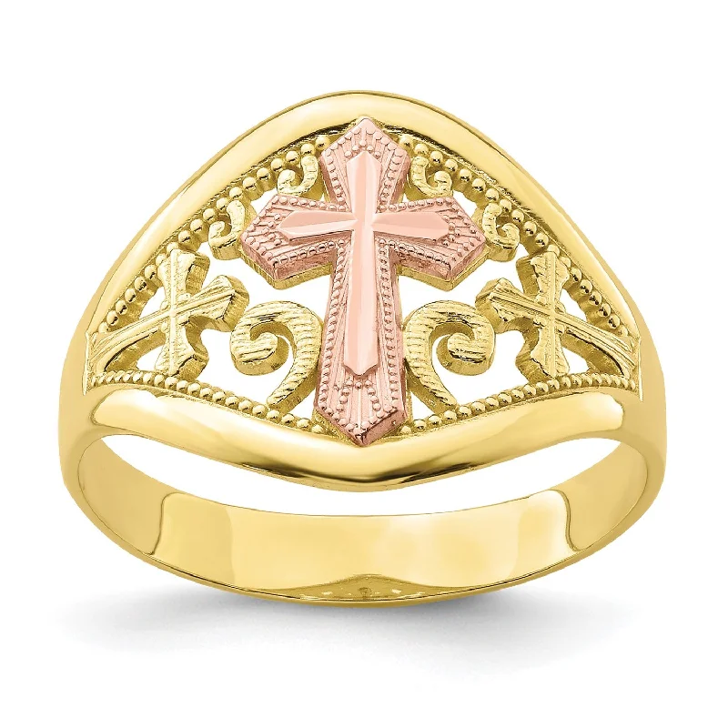 10KT Yellow and Rose Gold Cross Ring; Size 7