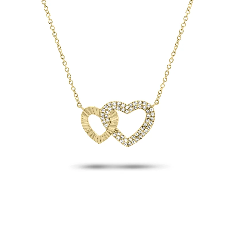 Diamond & Pleated Gold Interlocking Hearts Pendant Necklace