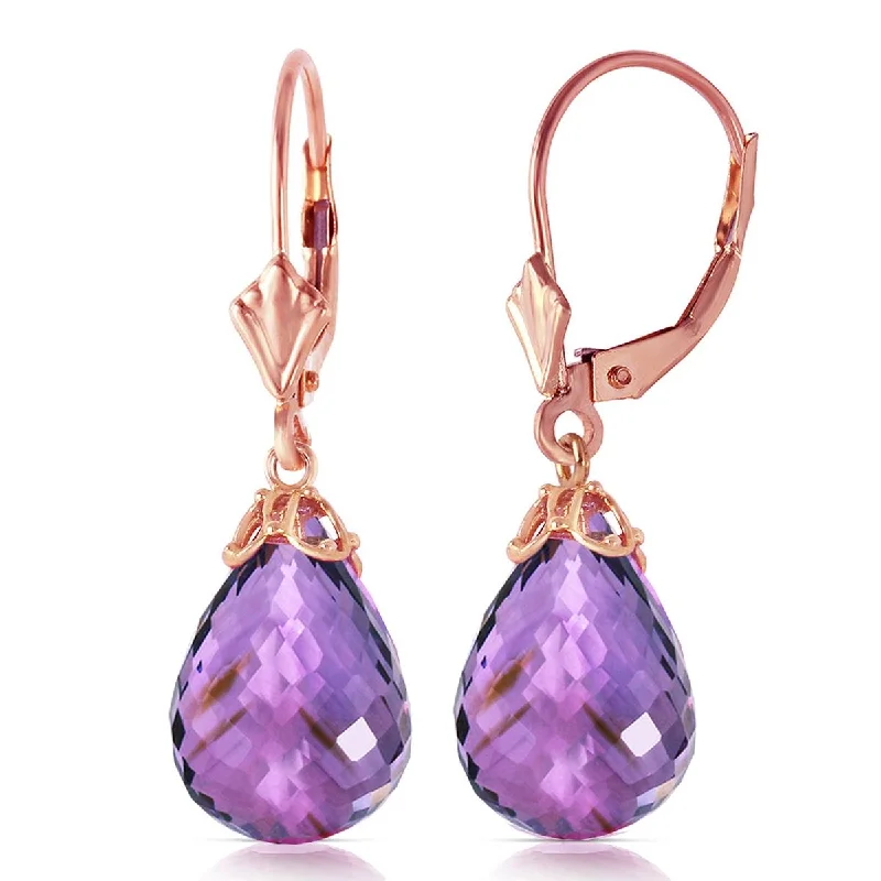 14 Carat 14K Solid Rose Gold Leverback Earrings Briolette Amethyst