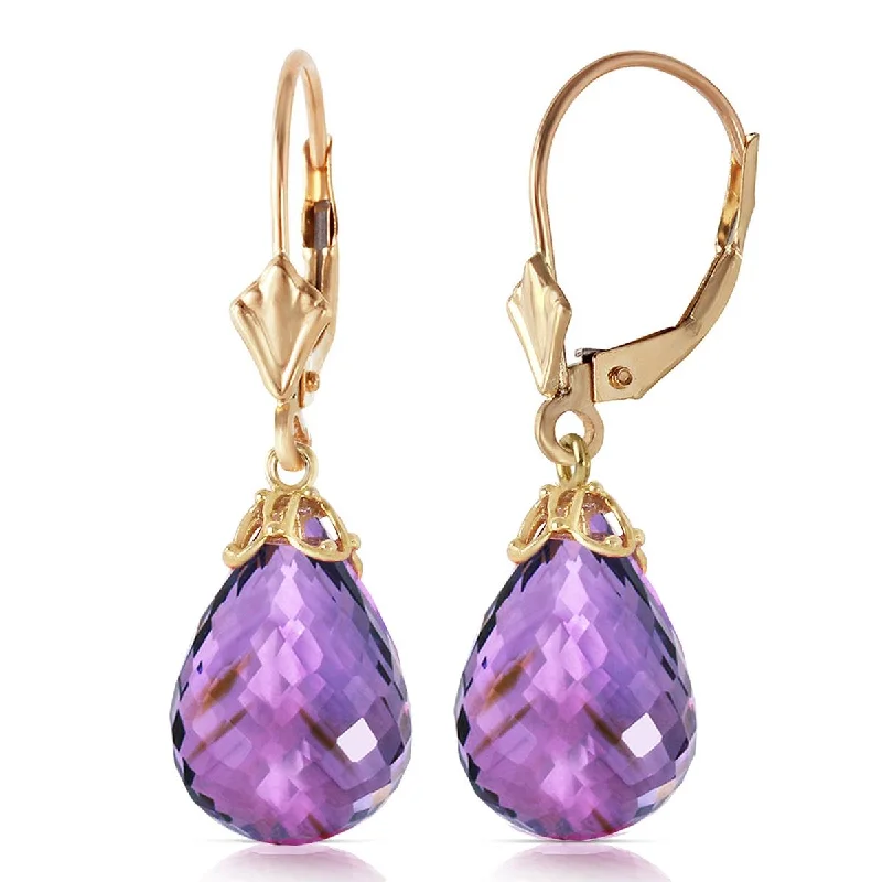 14 Carat 14K Solid Yellow Gold Leverback Earrings Briolette Amethyst