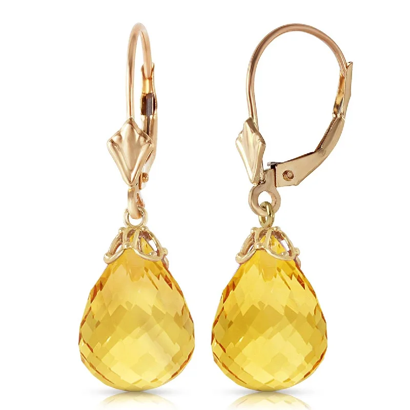 14 Carat 14K Solid Yellow Gold Leverback Earrings Briolette Citrine