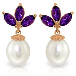 14K Solid Rose Gold Dangling Earrings w/ Pearls & Amethyst