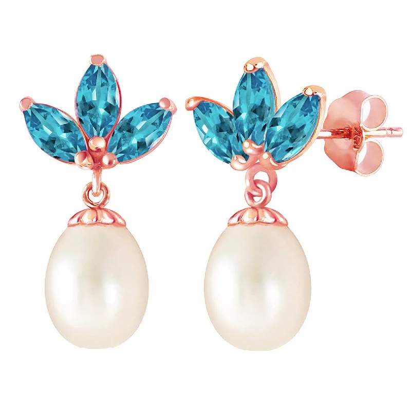 14K Solid Rose Gold Dangling Earrings w/ Pearls & Blue Topaz