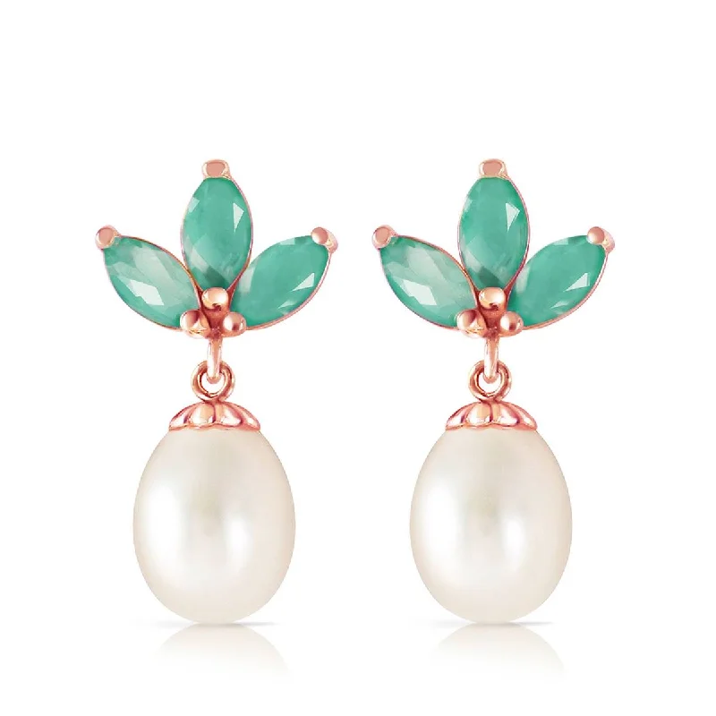 14K Solid Rose Gold Dangling Earrings w/ Pearls & Emerald