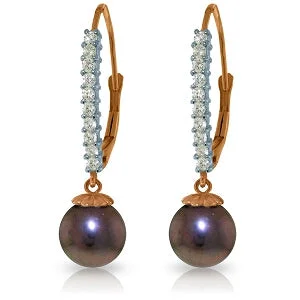 14K Solid Rose Gold Leverback Earrings Diamond & Black Pearl