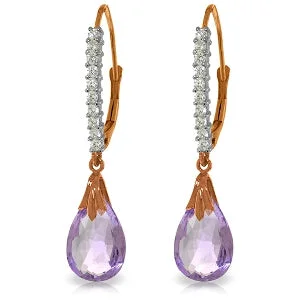 14K Solid Rose Gold Leverback Earrings Natural Diamond & Amethyst Gemstone