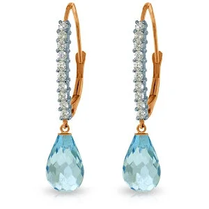 14K Solid Rose Gold Leverback Earrings Natural Diamond & Blue Topaz Certified Series