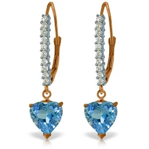 14K Solid Rose Gold Leverback Earrings Natural Diamond & Blue Topaz Gemstone