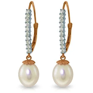 14K Solid Rose Gold Leverback Earrings Natural Diamond & Pearl Gemstone