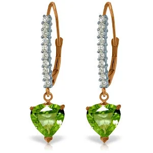 14K Solid Rose Gold Leverback Earrings Natural Diamond & Peridot Genuine