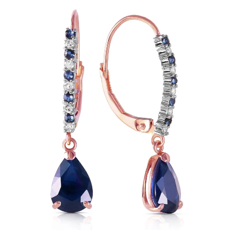 14K Solid Rose Gold Leverback Earrings Natural Diamond & Sapphire Gemstone