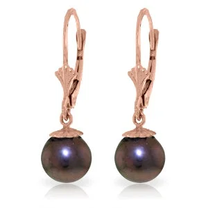 14K Solid Rose Gold Leverback Earrings w/ Natural Black Pearls