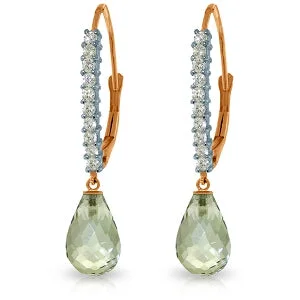 14K Solid Rose Gold Leverback Earrings w/ Natural Diamond & Green Amethyst