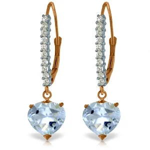 14K Solid Rose Gold Leverback Earrings w/ Natural Diamonds & Aquamarine