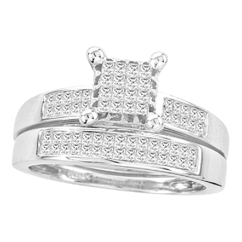 14kt White Gold Princess Diamond Bridal Wedding Ring Band Set 3/4 Cttw