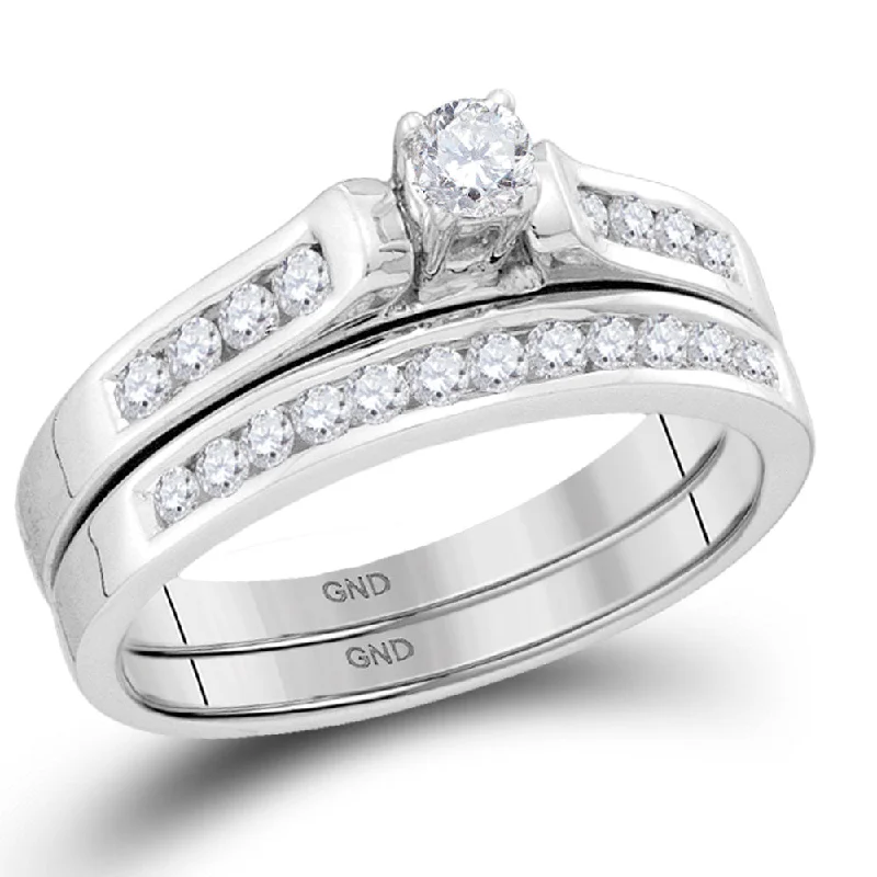 14kt White Gold Round Diamond Bridal Wedding Ring Band Set 1/2 Cttw